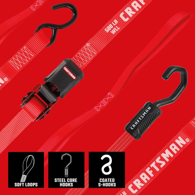 CRAFTSMAN CMXAZBS777 Black/Red 10-Piece Tie-Down Kit with Ratchet Straps, Bungees,