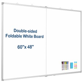 Large White Board Dry Erase Silver Aluminium Frame, 60" x 48" Double Sided Dry Erase Board for Wall, Magnetic Foldable Whiteboard for Office, Home, School, Kitchen
