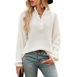 QIANSIQIANBO Women's Quarter Zip Sweater Polo V Neck Long Sleeve Ribbed Knit Sweater Casual Loose Dressy Winter Tops (M) White