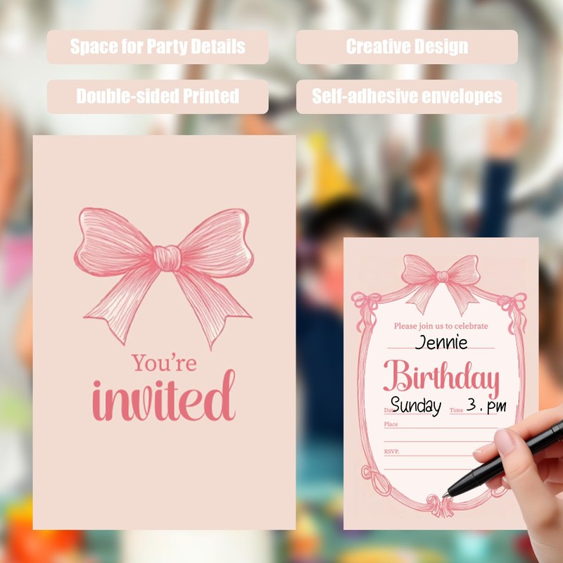Putocopic Pink Bow Birthday Invitations Girl, Pink Bow Party Fill