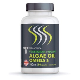 Transforme Vegan Omega 3 Algae Oil with Vitamin E, 60 Rapid Absorption Capsules, Marine Algal Oil DHA, Easy to Swallow Softgels, Vegetarian Fish Free Essential Fatty Acids