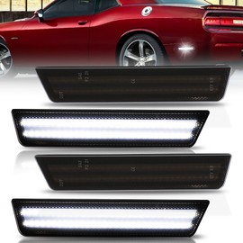 OFFKAT Front & Rear Fender LED Side Marker Lights for 2008-2014 Dodge Challenger & 2011-2014 Charger, Smoked Lens Side Bumper Marker Lamps, White & White LED Side Markers Turn Signal Lights, 4 PCS