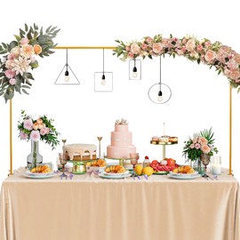Over The Table Rod Stand with Clamps,Table Arch Stand Adjustable 31-47''Height,47-100" Length Gold Metal Decorating Rod Hanging for Wedding,Birthday and Anniversary Decoration