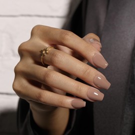 KQueenest Light Brown Press On Nails Short Coffin - Acrylic Press On Nails with Glue, Ballerina Medium Short Fake Nails Press ons, Glossy Taupe, Reusable Soft Gel Glue on Nails for Women, 30 Pcs