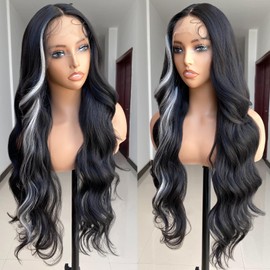 SISgrace Skunk Stripe Lace Front Wig Light Grey Skunk Stripe Synthetic Body Wave Wear and Go 13x4x1 T-part Lace 28 Inch Pre-plucked Glueless Lace Wigs for Women