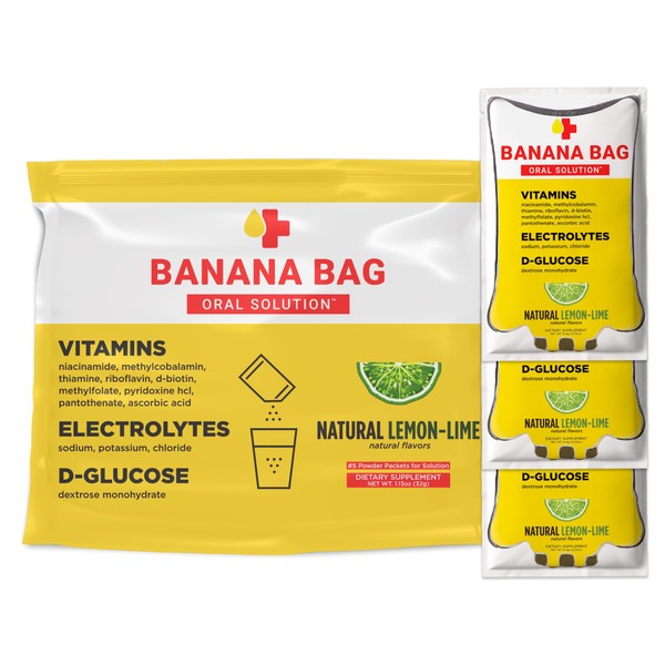 Banana Bag Oral Solution - Pharmacist Hydration Recovery Formula - Electrolyte & Vitamin Powder Packet Drink Mix - Natural Lemon Lime - Pack of 5