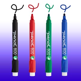 PENOL Whiteboard Marker, 4 Whiteboard Pens in Standard Colours - 800, 1.5mm Bullet Tip, Dry Wipe Marker with Nordic Swan Ecolabel, Odourless Foil Pens for Office and School