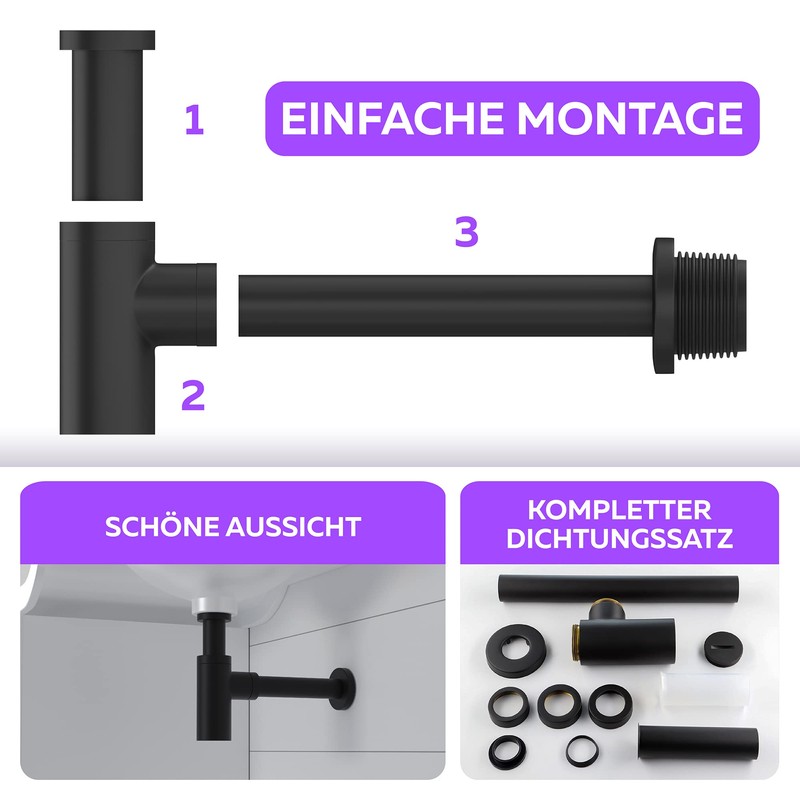 Siphon Black Matt for Sink, Premium Siphon Washbasin, Brass Walls,