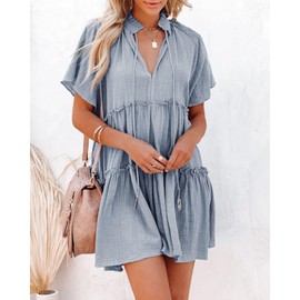 Womens Split V Neck Drawstring Neck Tie Ruffle Tiered Dress Short Sleeve Babydoll Tunic Swing Mini Dresses Sundresses Grey