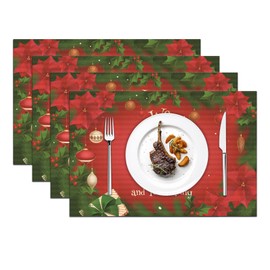 Christmas Placemats set of 4, Easy to Clean Non-slip Heat Resistant Dining Table Mats,Washable Crossweave Woven Vinyl PVC Place mats.(11.8 in x 16.5 in) (Red-2)