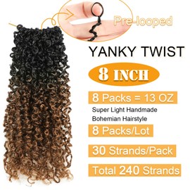 Aksice 8 Inch Yanky Twist Crochet Hair for Black Women 8 Packs Pre-looped Yankee Twist Hair Brown Spring Mini Passion Twist with Curly Ends Synthetic Crochet Braids (8 Inch, OT30#)