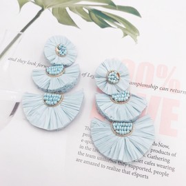 TOFBS Women's Raffia Tassel Earrings Bohemia Statement Earring Bead Boho Drop Earrings for Women Jewelry Gifts Costume Accessory (Blue)