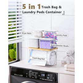 iCASA Trash Bag Dispenser Dishwasher Pods Container, 5 in 1 Garbage Bags Holder Under Sink Organizer Acrylic Laundry Pod Detergent Powder Container, Kitchen Pantry Laundry Room Organization Storage