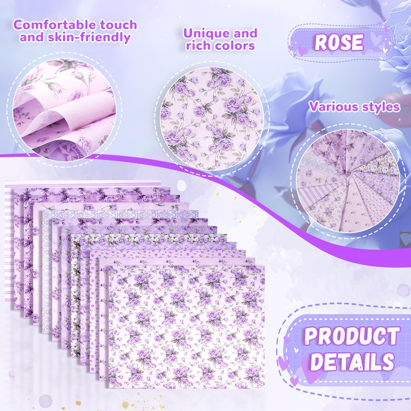 Wadukud 12PCS 56x46cm Polyester Fabric Bundles, Floral Pre-Cut Quilting Cotton
