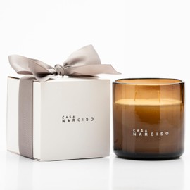 Casa Narciso - Vela aromática decorativa en vaso de vidrio soplado color ámbar oscuro, cera de soya natural, vela artesanal hecha en México, ideal para regalo (Green & Gold) (1)