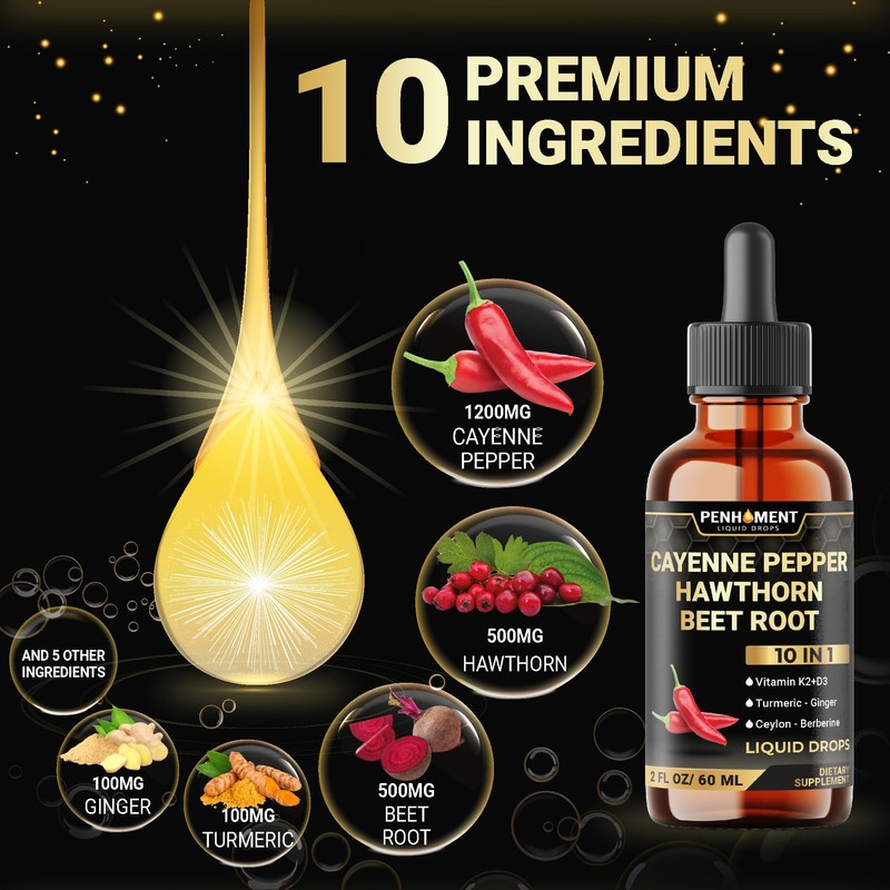 Penhoment 10in1 Cayenne Pepper Liquid Drops + Hawthorn Berry, Vitamin