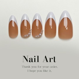 French Tip Press on Nails Medium Almond Fake Nails with Designs Pearl Glossy Acrylic Nails Nude Artificial Nails White Nails Tips Stick on False Nails for Women Girls 24 Pcs