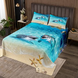 Homewish Cute Dolphin Bedspread King,Starfish Coral Marine Life Coverlet Set 3pcs for Kids Teens Adults Room Decor,Hawaii Beach Quilted Coverlet Blue Romantic Bedding Quilt with 2 Pillowcases