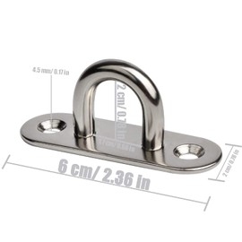 EGGMARCH 4 Set M6 Pad Eye Plate and Carabiner Clips, Stainless Steel Oblong Eye Plate Metal Staple Ring Hook Suspension Ceiling Hooks with Screws and Plastic Plugs for Training Straps,Shade Sails