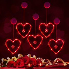 Baquler 5 Pcs Timed Valentine‘S Day Window Lights Hanging Red Heart Lights with Suction Cup Battery Operated Heart LED for Valentine‘S Day Anniversary Wedding Home Decor(Red)
