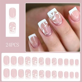 Short Square Press on Nails White French Tip Fake Nails Acrylic Fall False Nails with Gold Glitter Leaves Designs Summer Nails Press on Full Cover Glue on Nails for Women Girls 24Pcs