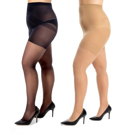 RubyRunk 2 Pairs Plus Size Sheer Tights for Women 20D,XL-4XL Ladies High Waist Control Top Pantyhose with Reinforced Toes (XL, Black+Nude)