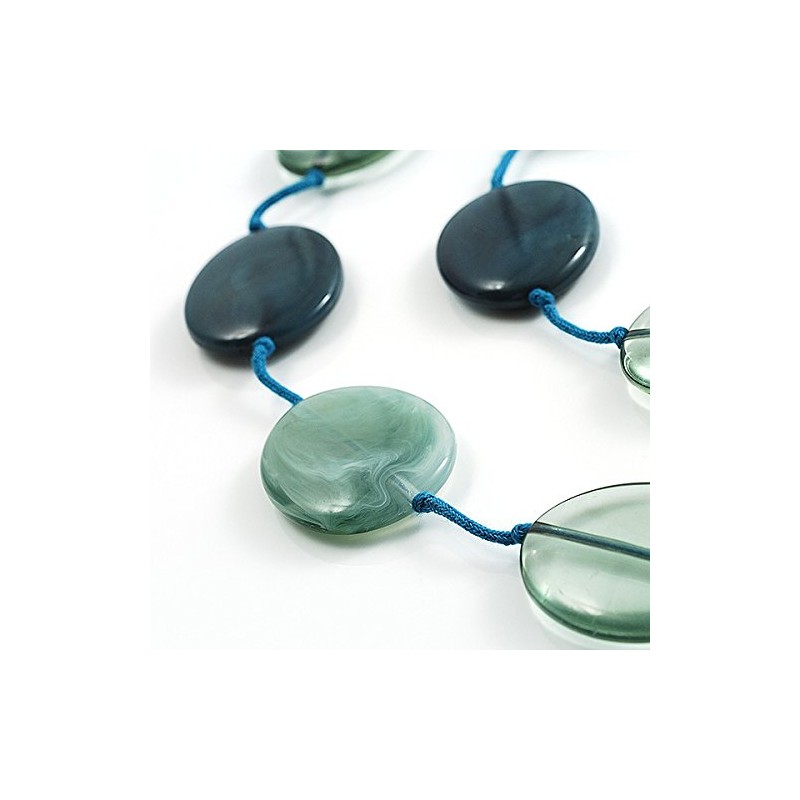 Long Plastic Flat Oval Bead Teal Necklace - 108cm L