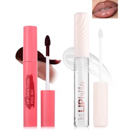 Brown Peel Off Lip Liner Stain & Clear Lip Oil Set, Waterproof Long Lasting Tattoo Peel & Reveal Lip Stain Tint, Hydrating Non-Sticky Tinted Lip Gloss Oil, Plumping Glossy Lip Combo Makeup for Women-A