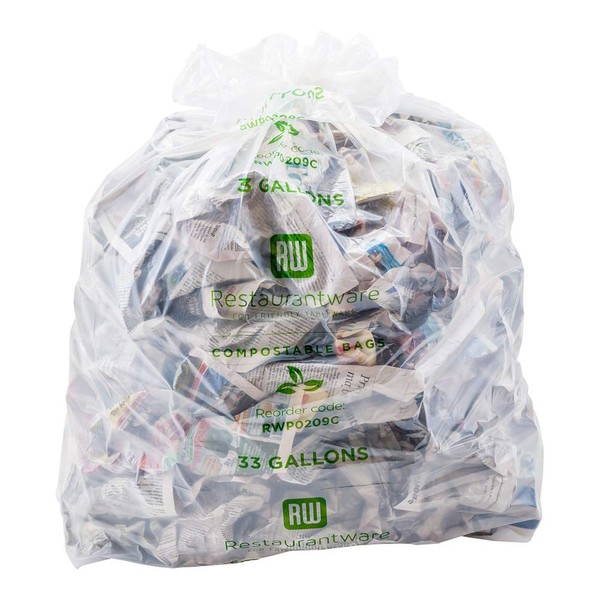 RW Eco 33 Gallon Trash Can Liners, 100 Biodegradable Trash Bags - Compostable, Heavy Duty, Clear Plastic Garbage Bags, Unscented, Tear-Resistant - Restaurantware