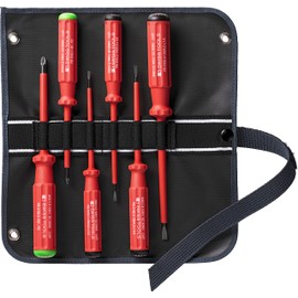 PB Swiss Tools Pozidriv Slotted VDE Screwdriver Set PB 5543.SU GY | 100% Swiss Made | 6-Piece Electric Screwdriver Set Slotted 1/2/3/4 PZ1 PZ2 in High-Quality Fabric Roll Bag