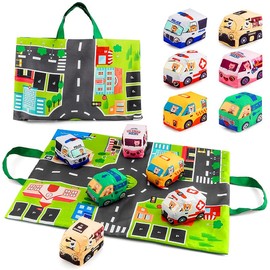 LOOKLEBE 6 Cloth car Toys, car Fabric Toys That can Make The Sound of Bells, Portable Storage Bags with City Road map Patterns, a Total of 6 Cloth Cars, Toys to Soothe Restless Emotions