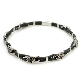 [One] Silver Flare Leather Choker Black Leather Cord Necklace for Men, RA, [Black Slide Magnetic Closure, Genuine Leather] [Width 10 mm Length 45 cm]