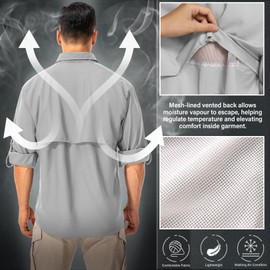 Toumett Men's Sun Protection Fishing Shirts Long Sleeve Safari Shirts UPF 50 UV Quick Dry Cooling Travel Work Shirts(5039,Grey01,L)