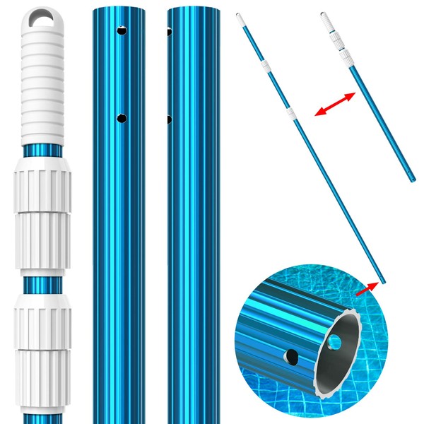 CKE Upgraded 12 Feet Thicken 1.3mm Blue Aluminum Telescoping Swimming Pool Pole,Adjustable 3 Piece Expandable Step-Up,Attach Connect Skimmer Nets,Rakes,Brushes,Vacuum Heads with Hoses, Universal 1.25"