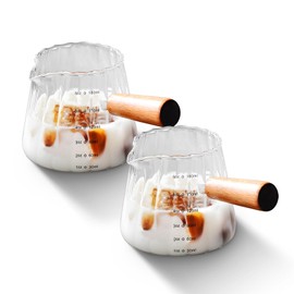 YARRAMATE 2 Pack Glass Measuring Cup with Wooden Handle – Espresso Shot Cups, Ribbed Milk Frothing Pitcher, Dual Scale Markings，V-Shaped Mouth for Easy Pouring, 6OZ/180ML