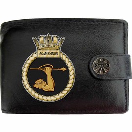 Klassek Agamemnon Submarine Image Men Wallet Real Leather Cap Badge Emblem Military Crest Insignia RFID Blocking with Coin Pocket and Metal Gift Box