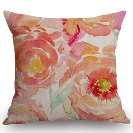 Swono Throw Pillow Case Peach Peony Cotton Linen Square Cushion Cover Standard Pillowcase for Men Women Home Decorative Sofa Armchair Bedroom Livingroom 18 x 18 inch