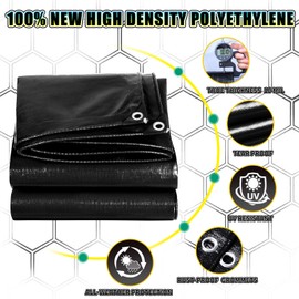 TA*RP YXCN Black Tarp 8x10 Feet, 10 Mil Thick Waterproof Poly Tarps Cover UV Resistant, Rip & Tear Proof with Metal Grommets Every 20 Inches