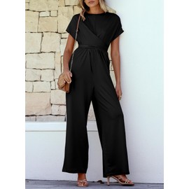 Happy Sailed Womens Jumpsuits Dressy Casual Short Sleeve Front Criss Cross Top Tie Waist Belt Wide Leg Pant Jumpers Romper One Piece Jumpsuit Outfits with Pockets Black X-Large