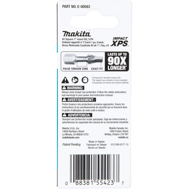 Makita E-00583 Impact XPS™ #2 Square 1" Insert Bit, 5/pk