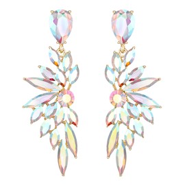 Clearine Earrings Wedding Bridal Crystal Teardrop Marquise Cluster Bling Hanging Stud Earrings for Women Iridescent AB Gold Tone
