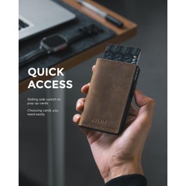 VULKIT - Portatarjetas minimalista, portafolios de piel de grano, tarjetas emergentes, protección RFID con capacidad para hasta 10 tarjetas, PIEL PULL-UP-Espresso, Minimalista