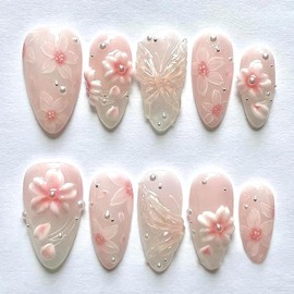 24pcs Flower Almond Press on Nails Pink False Nails 3D icy Flower Lines With Gradient Design Pearl Stick-on Nail Fake Nails Peach Blossom Press on Y2k for Women&Girl Spring and Summer Nail