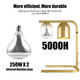 VORIGY Heat Lamp for Food, with Two 250W Bulbs for Fast and Even Heating, Food Heat Lamp with Adjustable Height Stand, Commercial Food Warmer Lamp for Home, Fast Food Restaurant, Buffet, Bakery, Gold