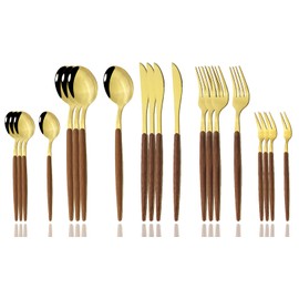 JASHII 20 Pieces Wood Stainless Steel Cutlery Set Wooden Handle Flatware Set Knife Fork Spoon, Kitchen Utensil Service for 4, Mirror Polished - Gold