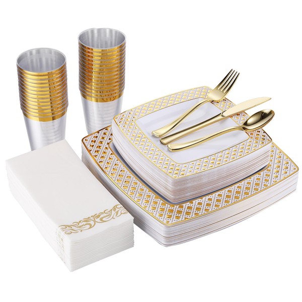 175 Piece Gold Dinnerware Set 25 Guest-50 Diamond Square Plastic Plates-25 Gold Plastic Silverware-25 Gold Plastic Cups-25 Linen Like Gold Paper Napkins, FOCUSLINE Disposable Dinnerware Set