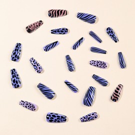24Pcs Coffin Press on Nails Medium Length Fake Nails Purple Leopard Zebra Stripes False Nails Glossy Artificial Acrylic Nails Cheetah Print Nails Full Cover Glue on Nails for Women