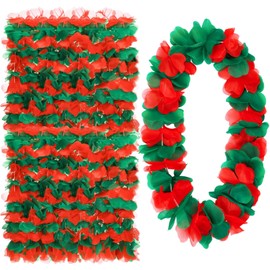 Thiccywoov 24 Pcs Christmas Leis Hawaiian Necklace - Red and Green Tropical Flower Lei for Party Favors, Masquerade, Beach Wedding, Themed Carnival Supplies
