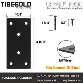 TIBEGOLD Mending Plate, Black Metal Flat Straight Brace Bracket, Double-Wide Metal Plate, Joining Plate for Wood Furniture Fence Fastening with Screws in 2 Different Lengths (48x100mm, 10 Pack)