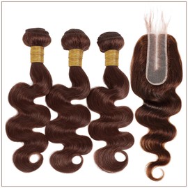 ALHER Chocolate Brown Bundles with 2x6 HD Closure Body Wave Human Hair, Color #4 Dark Brown 3 Bundles with 2x6 Long Deep Part Lace Closure With Baby Hair, 100% Real Human Hair Bundles 12 14 16 +12 IN
